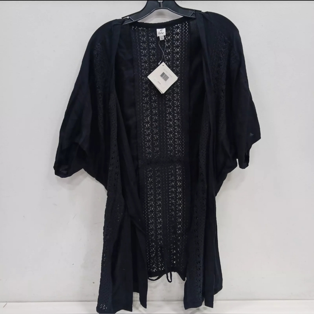 Echo Designer Women's Tie Front Lace Cardigan Wrap Swim Cover Up Black One Size